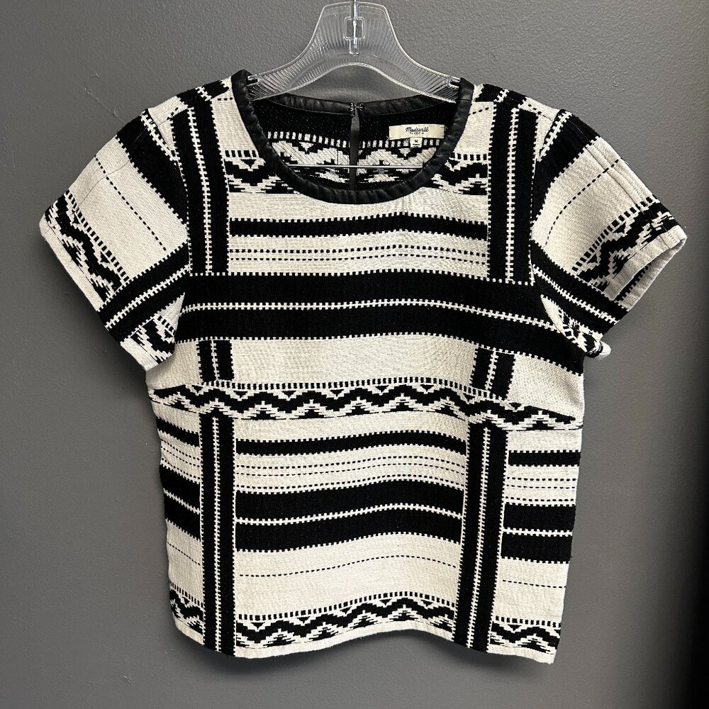 Madewell Womens Medium Short Sleeve Top Leather Trim Black White Aztec Shirt‎